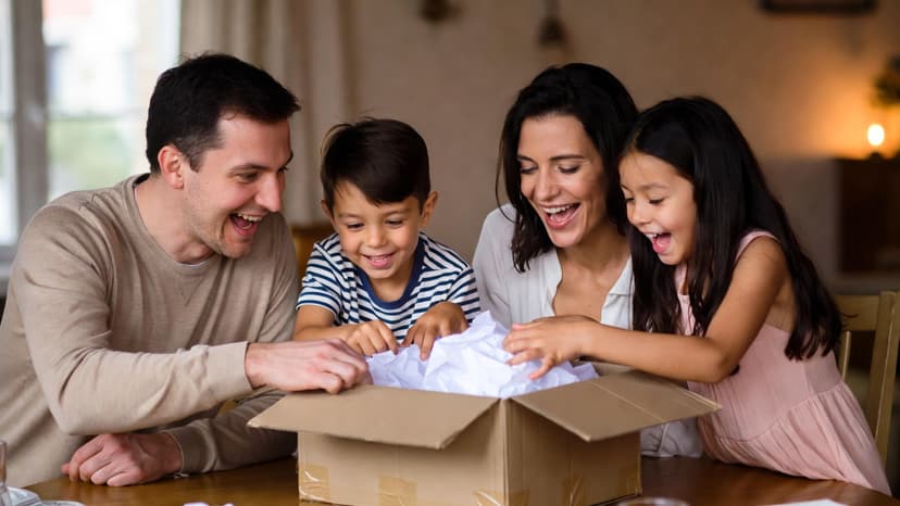 Famille qui ouvre un carton mystère